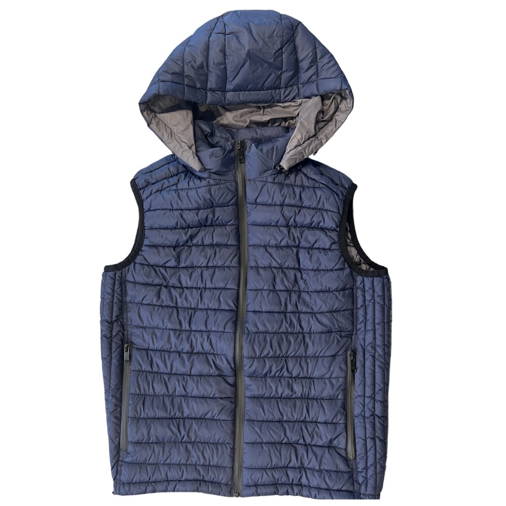 Zara Man Navy Light Puffer Vest Medium Removable Hood Zip Up Two Pocket EUC